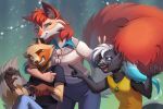 ahya_(legend_of_ahya) anthro canid canine canis clothing eyewear female flustered flustered_male glasses glasses_off goofy_smile group hi_res jewelry kissing kissing_cheek laugh legend_of_ahya male mammal max_thrash mephitid necklace nibbling procyonid raccoon shirt sibling_(lore) size_difference skunk steven_stinkman sweater tail tail_mouth taylor_renee_wolford_(darkflamewolf) tongue tongue_out topwear unusual_anatomy unusual_tail val-q wearing_glasses wolf