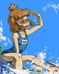  barefoot breasts brown_eyes brown_hair kawa_(river) kaya_(mononoke_hime) lowres mononoke_hime open_mouth school_swimsuit short_hair small_breasts solo swimsuit 