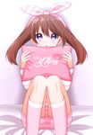  :o bad_id bad_pixiv_id bed blush brown_hair full_body hair_ribbon haruka_(pokemon) highres holding holding_pillow long_hair long_sleeves on_bed pajamas pillow pink pink_ribbon pokemon pokemon_(game) pokemon_oras purple_eyes ribbon shorts sitting solo yes yes-no_pillow yuihiko 