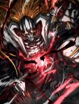  1boy abs absurdres black_claws black_robe black_sclera bleach body_markings cero claws colored_sclera colored_skin creature demon_horns energy_blast facepaint fergoart highres hole_in_chest hole_on_body hollow_ichigo horns kurosaki_ichigo long_hair looking_down orange_hair pale_skin red_fur robe sharp_teeth shihakusho signature solo talons teeth white_skin yellow_eyes 