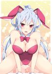  all_fours animal_ears bow bowtie breasts bunny_ears bunnysuit cleavage detached_collar large_breasts long_hair matoi_(pso2) milkpanda phantasy_star phantasy_star_online_2 red_eyes solo squatting white_hair wrist_cuffs 