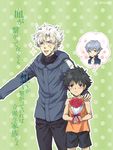  2boys :&lt; black_eyes blue_eyes blue_hair blush emiya_kiritsugu fate/zero fate_(series) flower hood hoodie matou_kariya multiple_boys multiple_girls natalia_kaminski polka_dot polka_dot_background short_hair shorts tank_top thought_bubble time_paradox translated younger yuuza_(yuuza01) 