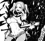  1girl baseball_bat batman_(series) breasts choker cleavage dc_comics fishnet_pantyhose fishnets harley_quinn lipstick middle_finger pantyhose short_shorts shorts solo suicide_squad tied_hair twintails weapon 