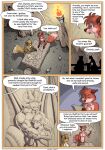 anthro canid canine cave cavern clothed clothing comic countershade_fur countershading detailed_background dialogue digital_media_(artwork) dipstick_tail dragon drawing english_text farin fire fox fur furniture geminisaint gloves_(marking) group hi_res holding_object horn hug inside male mammal markings mythological_creature mythological_scalie mythology page_number porah red_body red_fur scalie sekk&#039;ral silhouette sitting surin table tail tail_markings text topless torch