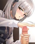  1girl blush brown_eyes censored dress erection frown glansjob grey_hair hair_ribbon handjob hetero highres ipuu_(el-ane_koubou) kantai_collection kasumi_(kantai_collection) long_hair looking_at_viewer mosaic_censoring penis pinafore_dress remodel_(kantai_collection) ribbon school_uniform side_ponytail sleeveless sleeveless_dress solo_focus sweat 