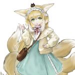  1girl :o absurdres animal_ears arknights blonde_hair cardigan commentary creature creature_on_head english_commentary frilled_hairband frills green_eyes green_hairband green_skirt hair_between_eyes hairband hand_on_own_hip heixiu highres ikmaln300_(mal008) index_finger_raised long_hair looking_at_viewer luo_xiaohei_zhanji meme multicolored_hair multiple_tails neck_ribbon official_alternate_costume open_cardigan open_clothes open_mouth red_ribbon ribbon simple_background skirt sleeves_past_wrists solo standing streaked_hair suzuran_(arknights) suzuran_(spring_praise)_(arknights) tail uohhhhhhhhh!_(meme) white_background white_hair white_tail yellow_cardigan yellow_tail 