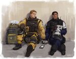  2boys arm_on_knee belt_pouch black_gloves black_hair blonde_hair blue_pants boots bulletproof_vest cat closed_eyes closed_mouth commentary couple crossed_legs dark-skinned_male dark_skin defibrillator doc_(rainbow_six_siege) english_commentary gign gloves grey_hair helmet helmet_in_lap holding_hands interlocked_fingers jumpsuit knee_pads knee_up lion_(rainbow_six_siege) long_sleeves looking_to_the_side male_focus military_combat_uniform military_uniform multicolored_hair multiple_boys outstretched_leg pants pouch rainbow_six_siege side-by-side sitting streaked_hair sun_stark walkie-talkie white_cat white_gloves yaoi yellow_jumpsuit 