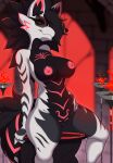amberpendant anthro big_breasts black_hair breasts eyewear female fire front_view genitals hair hi_res nipples nude pussy sitting smile solo sunglasses tail tail_tuft thick_thighs tuft unknown_species