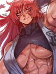  abs absurdres ales arm_up arms_at_sides arms_behind_head chest_tattoo facial_mark facial_tattoo forehead_mark gabriel_ales highres japanese_clothes kimono muscular muscular_female naughty_face red_eyes red_hair seductive_smile smile tattoo toned toned_female 