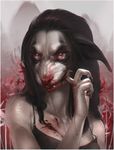  anthro black_gargoyley blood canine clothed clothing fangs female fur hair looking_at_viewer mammal nosebleed solo teeth 