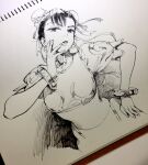  1girl ahn_dongshik bracelet bun_cover china_dress chinese_clothes chun-li double_bun dress earrings eyelashes eyeliner fingernails graphite_(medium) greyscale hair_bun hair_ribbon hand_on_own_cheek hand_on_own_chin hand_on_own_face hand_on_own_thigh hatching_(texture) head_tilt jewelry linear_hatching lips long_fingernails looking_at_viewer looking_down makeup mandarin_collar monochrome pankou pantyhose pelvic_curtain photo_(medium) puffy_short_sleeves puffy_sleeves ribbon shadow shanghai_neckline short_hair short_sleeves simple_background solo spiked_bracelet spikes spiral_notebook straight-on street_fighter street_fighter_ii_(series) teeth thighs traditional_media upper_body waistband white_background 
