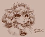 accessory anthro bell blasticussaturn bovid caprine curled_hair female hair headband horn looking_at_viewer mammal monochrome portrait sepia sheep signature simple_background solo