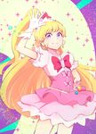  asahina_mirai ayatori_(sensei_heroism) blonde_hair cure_miracle gloves hand_on_hip hat long_hair looking_at_viewer magical_girl mahou_girls_precure! mini_hat mini_witch_hat pink_skirt precure purple_eyes skirt solo sparkle white_gloves witch_hat 