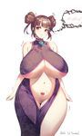  areola_slip areolae bad_id bad_pixiv_id bare_shoulders belly breasts brown_hair china_dress chinese_clothes curvy dress harry_(dudwofla) highres huge_breasts looking_at_viewer navel original plump pubic_hair red_eyes short_hair simple_background solo spoken_blush tears thick_thighs thigh_gap thighs tied_hair trembling underboob white_background wide_hips 
