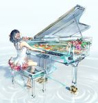  animal back bare_back bare_legs bare_shoulders barefoot black_hair breasts commentary dress eyelashes fish fish_tank flower from_behind hair_flower hair_ornament halterneck highres instrument music original piano playing_instrument playing_piano ripples short_hair sitting solo transparent watermark web_address wenqing_yan white_dress 