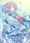  blue_eyes blue_hair commentary_request drill_hair flower green_kimono hair_flower hair_ornament head_fins highres japanese_clothes kimono mermaid monster_girl obi sash solo touhou underwater wakasagihime wide_sleeves yorica 