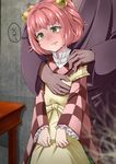  1girl apron bell blush breast_grab commentary_request crying grabbing green_eyes hair_bell hair_ornament haruka_(haruka_channel) hetero japanese_clothes kimono molestation motoori_kosuzu nose_blush pink_hair tears touhou translation_request two_side_up 