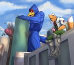  avian bartucthebloody bird building building_penetration canine city clothing cum falco_lombardi fox fox_mccloud macro male mammal masturbation nintendo star_fox video_games 