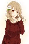  :p akanbe aran_sweater brown_eyes brown_hair flower hair_flower hair_ornament index_finger_raised jewelry long_hair necklace original shiina_kuro solo sweater tongue tongue_out upper_body 