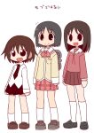  3girls :d azumanga_daioh azumanga_daioh&#039;s_school_uniform black_eyes black_hair black_necktie brown_eyes brown_hair crossover flying_sweatdrops full_body highres ikkyuu kasuga_ayumu kill_me_baby multiple_girls necktie nichijou oribe_yasuna pink_serafuku pink_shirt plaid_clothes plaid_skirt red_skirt school_uniform serafuku shinonome_nano shirt short_hair skirt smile socks standing tokisadame_school_uniform trait_connection white_background white_socks winding_key yellow_shirt 