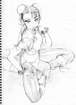  1girl ahn_dongshik boots bracelet bun_cover china_dress chinese_clothes chun-li coattails double_bun dress earrings eyelashes eyeliner fingernails from_above full_body graphite_(medium) greyscale hair_bun hair_ribbon hand_on_own_chin hand_on_own_thigh hatching_(texture) indian_style jewelry knee_boots lace-up_boots light_smile linear_hatching long_fingernails looking_at_viewer looking_up makeup mandarin_collar monochrome pankou pantyhose pelvic_curtain photo_(medium) puffy_short_sleeves puffy_sleeves ribbon shanghai_neckline shoe_soles shoelaces short_hair short_sleeves simple_background sitting solo spiked_bracelet spikes spiral_notebook street_fighter street_fighter_ii_(series) thighs traditional_media waistband white_background widow&#039;s_peak 