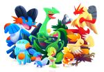  animal_focus blaziken blue_eyes claws colored_sclera combusken crossed_arms evolutionary_line fighting_stance full_body grovyle marshtomp mudkip no_humans open_mouth pokemon pokemon_(creature) red_eyes sceptile simple_background standing starter_pokemon_trio swampert torchic treecko versiris white_background yellow_sclera 