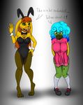  anthro breasts clothed clothing dialogue duo erect_nipples knee_high_socks lagomorph lingerie mammal nipple_bulge nipples playboy_bunny rabbit reptile rustytomatoes scalie simple_background sweater turtle 