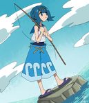  baggy_pants blue_eyes blue_hair blue_sailor_collar capri_pants cloud commentary_request day dutch_angle fishing fishing_rod full_body gradient gradient_background hair_ornament headband highres looking_afar ocean one-piece_swimsuit pants piko_han pokemon pokemon_(game) pokemon_sm ribbon-trimmed_pants ribbon_trim sailor_collar sandals sky solo standing suiren_(pokemon) swimsuit 