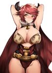  animal_ears animal_print armpits bare_arms breasts cape cleavage cow_ears cow_horns cowboy_shot draph earrings granblue_fantasy highres horns jewelry large_breasts leopard_print looking_at_viewer norman_maggot orange_eyes pink_hair red_eyes red_hair short_hair solo sturm_(granblue_fantasy) 