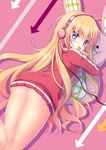  ass bangs blonde_hair blue_eyes blush candy commentary_request covering_mouth directional_arrow eyebrows_visible_through_hair food from_above from_behind gabriel_dropout headphones holding holding_food jacket leg_up lollipop long_hair looking_at_viewer looking_back lying naked_track_jacket no_panties on_stomach pink_background shadow shibainu_niki silhouette solo star star_print stuffed_animal stuffed_bunny stuffed_toy tenma_gabriel_white thighs track_jacket very_long_hair 