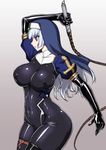  blue_eyes bodysuit boots breasts covered_nipples cowboy_shot gloves habit large_breasts long_hair nun open_mouth original rindou_(radical_dream) silver_hair skin_tight skindentation solo thighs whip 