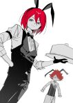  2boys animal_ear_hairband animal_ears black_gloves black_necktie black_pants black_vest bright_pupils cowboy_shot fake_animal_ears gloves goguma_wagamja grey_eyes hairband hand_in_pocket highres holding holding_plate inazuma_eleven inazuma_eleven_(series) kiyama_hiroto looking_at_viewer male_playboy_bunny multiple_boys necktie pants plate rabbit_ear_hairband rabbit_ears shirt short_hair simple_background sketch smile vest white_background white_pupils white_shirt 