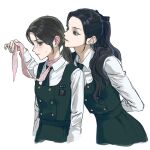  2girls arm_behind_back bandana bandana_around_neck black_bow black_hair bow chinese_commentary clothes_grab collared_shirt commentary_request friendly_rivalry green_necktie green_skirt green_vest hair_bow jiankangmeizi long_hair long_sleeves mole mole_under_eye mole_under_mouth multiple_girls necktie neckwear_grab pink_bandana ponytail shirt skirt small_sweatdrop vest white_shirt woo_seul-gi yoo_je-i 
