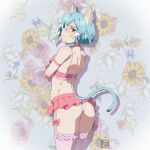  1girl animal_ears arm_strap ass blue_eyes blue_hair bra cat_ears cat_girl cat_tail closed_mouth commentary_request crossed_arms floral_background highres looking_at_viewer looking_back microskirt panties pink_panties pink_thighhighs pleated_skirt puge sinon sinon_(sao-alo) skirt solo sword_art_online tail thighhighs underwear 