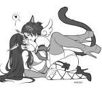  2girls animal_ears artist_name bare_shoulders blush boots cat_ears cat_girl cat_tail darkra detached_sleeves elf eye_contact facial_mark fishnet_thighhighs fishnets from_side girl_on_top hair_ornament juliet_sleeves long_hair long_sleeves looking_at_another lulusa_(darkraart) multiple_girls night_elf_(warcraft) pointy_ears profile puffy_sleeves skindentation tail thigh_boots thighhighs warcraft whisker_markings world_of_warcraft yuri 