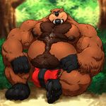  2017 anthro bear beard biceps big_biceps big_muscles black_nose blue_eyes body_hair brown_fur bulge chest_hair claws clothed clothing detailed_background erection eyewear facial_hair forest front_view fur glasses grass grisser grizzly_bear hairy hand_on_leg happy_trail huge_muscles kougatalbain looking_at_viewer male mammal muscular muscular_male nipples outside pecs pubes sitting smile solo toe_claws topless tree underwear vein 