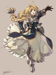  armor blonde_hair breastplate brown_gloves dress fantasy full_body gloves greaves green_eyes highres holding holding_sword holding_weapon knight kotatsu_(g-rough) long_hair open_mouth original outstretched_arm solo sword very_long_hair weapon 