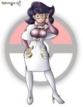 1girl adjusting_glasses big_hair black_hair breasts buttons closed_mouth full_body glasses green_eyes highres large_breasts long_sleeves looking_at_viewer pink-framed_eyewear pink_sweater pokemon pokemon_(game) pokemon_sm rokumaru rokumaru_art short_hair skirt sleeves smile solo sweater turtleneck turtleneck_sweater white_skirt wicke_(pokemon) 