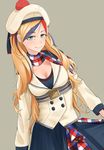  beret blonde_hair blue_eyes blue_hair commandant_teste_(kantai_collection) cowboy_shot double-breasted dutch_angle grey_background hat kantai_collection long_hair looking_at_viewer md5_mismatch multicolored_hair plaid plaid_scarf pom_pom_(clothes) red_hair scarf smile solo streaked_hair testame white_hair 
