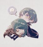  2boys arm_support black_cape blue_eyes boots byleth_(fire_emblem) byleth_(male)_(fire_emblem) cape cat closed_eyes closed_mouth commentary_request deformed dot_mouth eyelashes fire_emblem fire_emblem:_three_houses garreg_mach_monastery_uniform green_hair hair_behind_ear hair_between_eyes image_in_thought_bubble linhardt_von_hevring long_sleeves looking_at_another lying lying_on_person male_focus multiple_boys ori_(o_r_iii) parted_bangs school_uniform simple_background sitting sleeping sleeve_cuffs speech_bubble thought_bubble white_background white_cat wolf_cut 