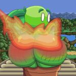 1:1 anyplant088 burning butt_on_fire electronic_arts elemental_creature eyebrows fire flora_fauna hi_res humanoid leaf leaf_hair mountain_range outside peashooter_(pvz) plant plant_hair plant_pot plants_vs._zombies popcap_games pseudo_hair sky stairs tree water