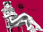  1girl ahn_dongshik birthday boots bracelet bun_cover china_dress chinese_clothes chun-li coattails commentary_request crossed_legs double_bun dress earrings eyelashes eyeliner fingernails foot_out_of_frame full_body greyscale_with_colored_background hair_bun hair_ribbon hatching_(texture) head_down jewelry knee_boots lace-up_boots light_smile linear_hatching long_fingernails looking_at_viewer looking_to_the_side looking_up makeup mandarin_collar on_chair own_hands_together pankou pantyhose pelvic_curtain puffy_short_sleeves puffy_sleeves red_background ribbon shanghai_neckline shoelaces short_hair short_sleeves signature simple_background sitting solo spiked_bracelet spikes street_fighter street_fighter_ii_(series) thighs v-shaped_eyebrows waistband 
