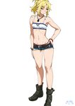  bandeau bare_legs blonde_hair boots braid casual closed_eyes fate/apocrypha fate_(series) full_body highres jewelry midriff mordred_(fate) mordred_(fate)_(all) navel necklace ponytail short_shorts shorts sleeveless solo standing strapless suna 