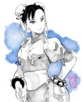  1girl 2020 ahn_dongshik ass birthday blue_background bracelet bun_cover china_dress chinese_clothes chun-li commentary_request double_bun dress earrings eyelashes fingernails from_side greyscale_with_colored_background hair_bun hair_ribbon hand_on_own_hip hatching_(texture) head_tilt highres initial jewelry light_smile linear_hatching long_fingernails looking_at_viewer looking_to_the_side mandarin_collar pankou pantyhose pelvic_curtain puffy_short_sleeves puffy_sleeves ribbon seal_impression shanghai_neckline short_hair short_sleeves simple_background solo spiked_bracelet spikes street_fighter street_fighter_ii_(series) thighs two-tone_background upper_body waistband white_background 