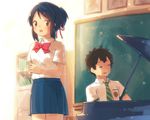  1girl ayakashi_(monkeypanch) black_hair blush brown_eyes brown_hair chalkboard closed_eyes commentary_request grand_piano green_neckwear hair_ribbon highres instrument kimi_no_na_wa miyamizu_mitsuha music necktie open_mouth piano playing_instrument playing_piano red_ribbon ribbon school_uniform singing striped striped_neckwear tachibana_taki 