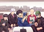  absurdres bald black_hair bowl_cut commentary_request cowboy_bebop crossover eating gintama goggles highres holding holding_phone hood hoodie kageyama_shigeo melisaongmiqin mob_psycho_100 multiple_boys multiple_crossover mumen_rider one-punch_man oppai_hoodie phone playing_games saitama_(one-punch_man) sakata_gintoki spike_spiegel white_hair 