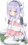  bangs between_legs black_ribbon blue_eyes blush capelet closed_mouth dragon_horns eyebrows_visible_through_hair full_body hair_between_eyes hair_ribbon hand_between_legs highres horns kamioka_shun'ya kanna_kamui kobayashi-san_chi_no_maidragon lavender_hair long_hair long_sleeves low_twintails no_shoes ribbon sitting solo sparkling_eyes tail tears thighhighs twintails very_long_hair white_background white_legwear 