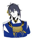  black_hair blue_eyes character_name japanese_clothes male_focus mikazuki_munechika molly smile solo touken_ranbu upper_body 