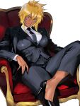  1girl armchair arrancar bion_(insomn_bion) black_necktie black_pants black_shoes black_suit bleach blonde_hair breasts chair collared_shirt commentary crossed_bangs crossed_legs dark-skinned_female dark_skin green_eyes hair_between_eyes high_heels highres large_breasts long_hair looking_at_viewer necktie pant_suit pants shirt shoes sitting solo suit tier_harribel white_background white_shirt 
