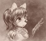 anthro blasticussaturn canid canine clothing female hair mammal monochrome ponytail portrait sepia signature simple_background solo sweater topwear